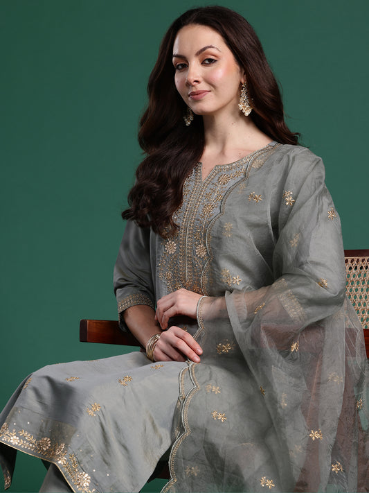 Indo Era Blue Embroidered Straight Kurta Trousers With Dupatta Set