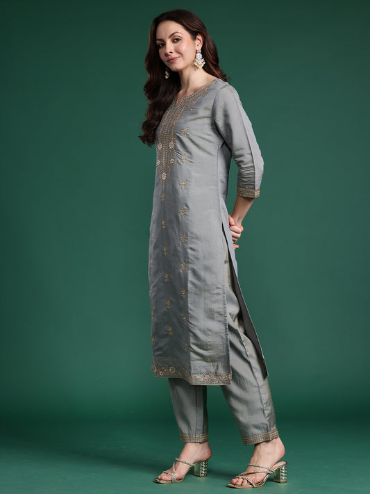 Indo Era Blue Embroidered Straight Kurta Trousers With Dupatta Set
