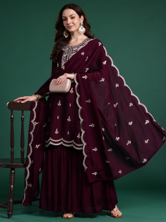 Indo era Burgundy Embroidered Straight Kurta Sharara With Dupatta Set