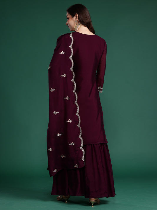 Indo era Burgundy Embroidered Straight Kurta Sharara With Dupatta Set