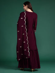 Indo era Burgundy Embroidered Straight Kurta Sharara With Dupatta Set