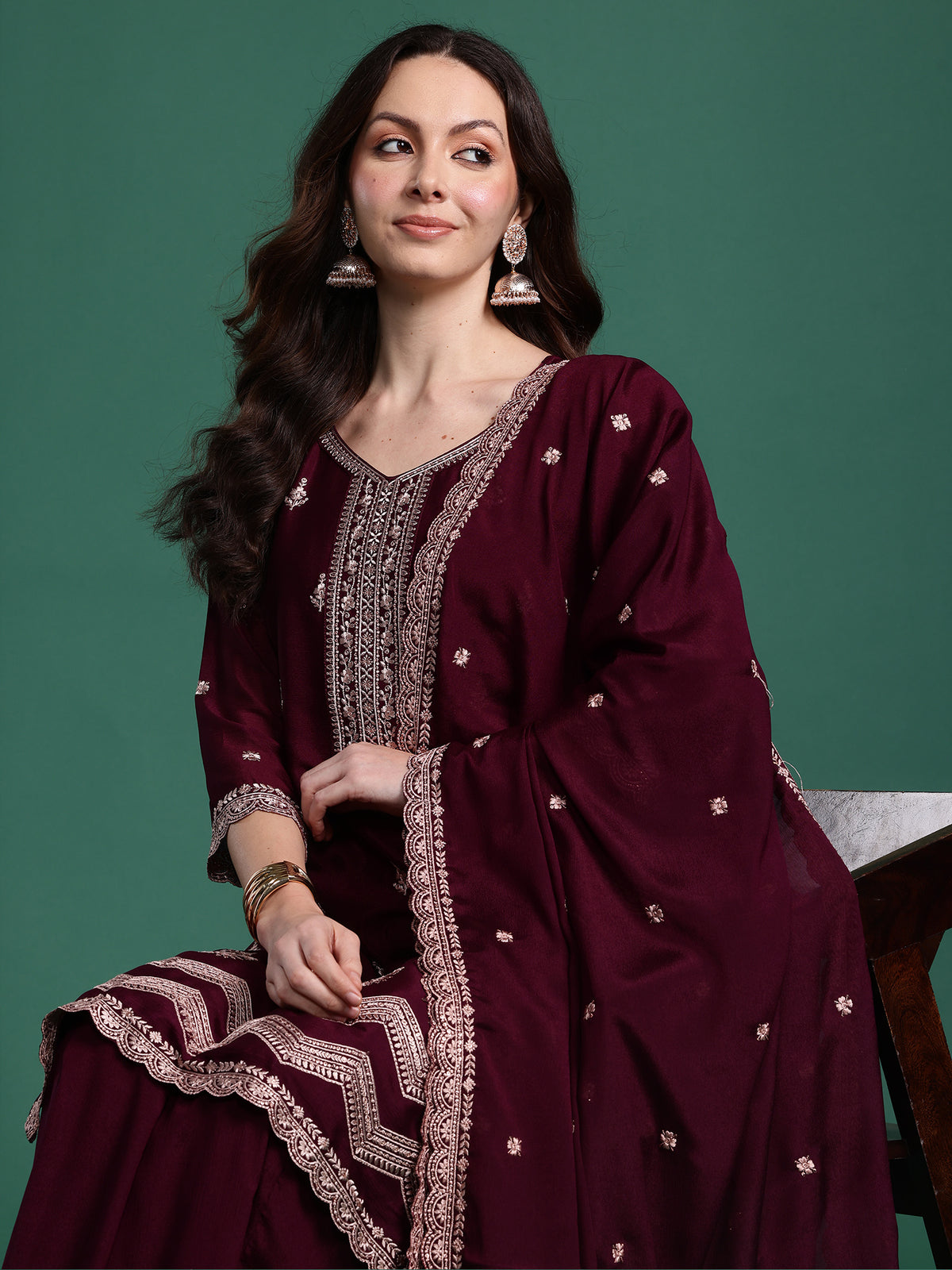 Indo era Burgundy Embroidered Straight Kurta Sharara With Dupatta Set