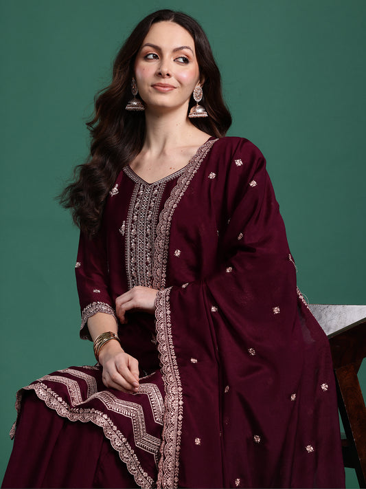 Indo era Burgundy Embroidered Straight Kurta Sharara With Dupatta Set