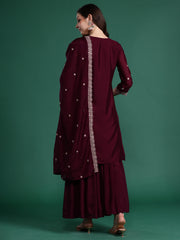 Indo era Burgundy Embroidered Straight Kurta Sharara With Dupatta Set