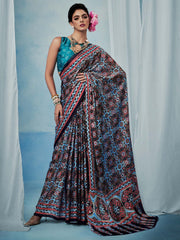 Women's Satin Silk Printed Designer Saree With Blouse Piece