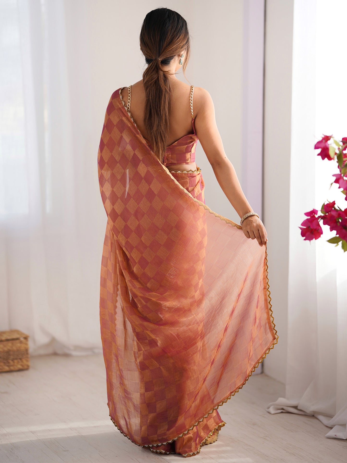 Women's Chiffon Rust Embellished Designer Saree With Blouse Piece
