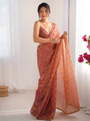 Women's Chiffon Rust Embellished Designer Saree With Blouse Piece
