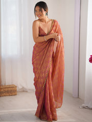 Women's Chiffon Rust Embellished Designer Saree With Blouse Piece