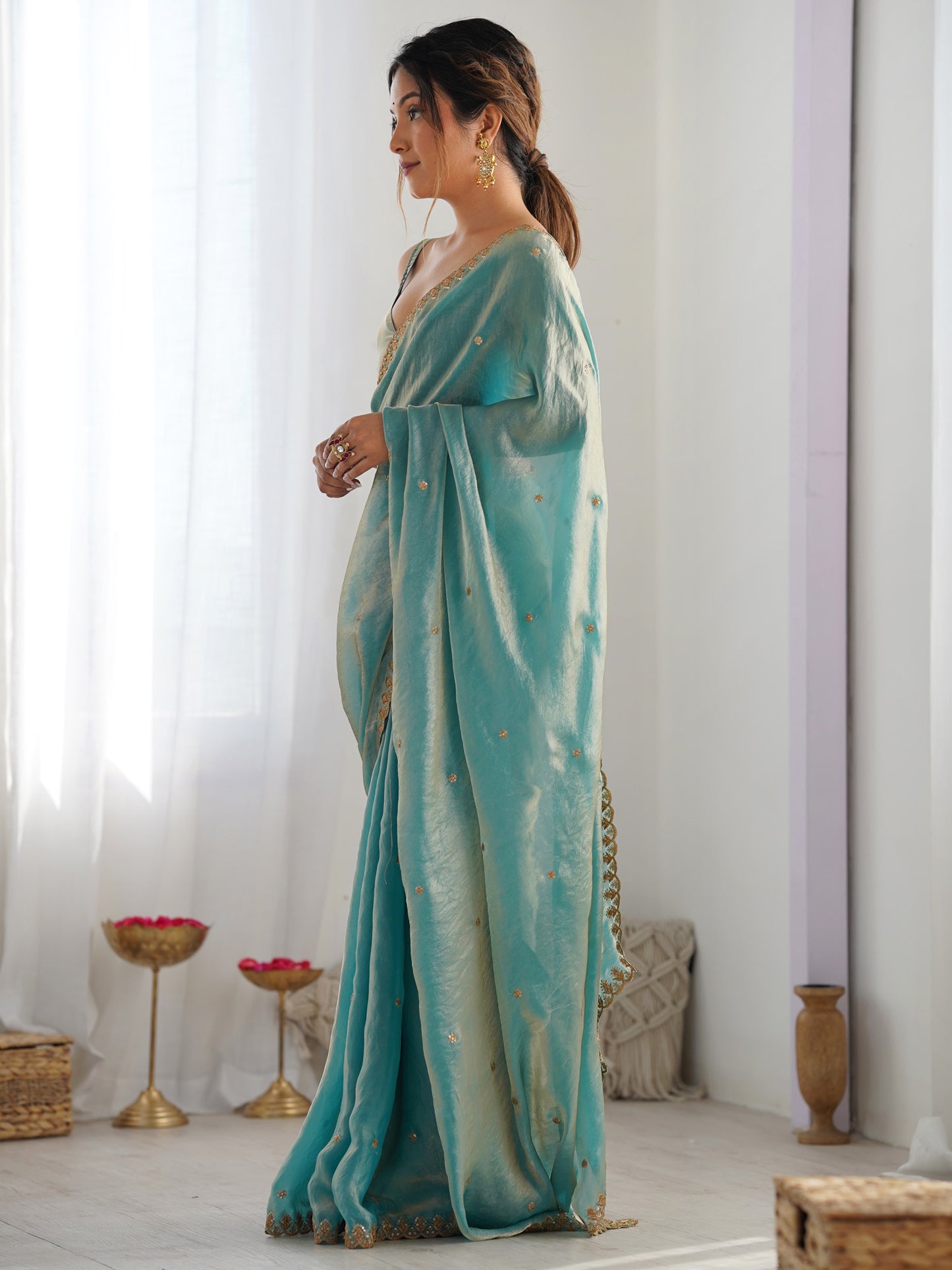 Women's Paper Silk Light Blue Embellished Designer Saree With Blouse Piece