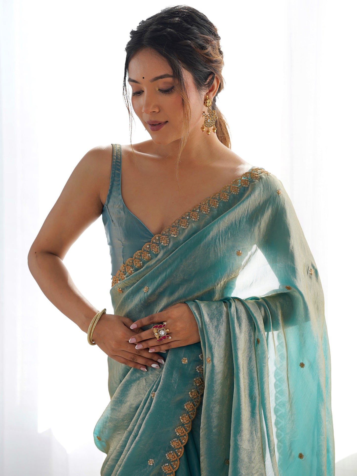 Women's Paper Silk Light Blue Embellished Designer Saree With Blouse Piece