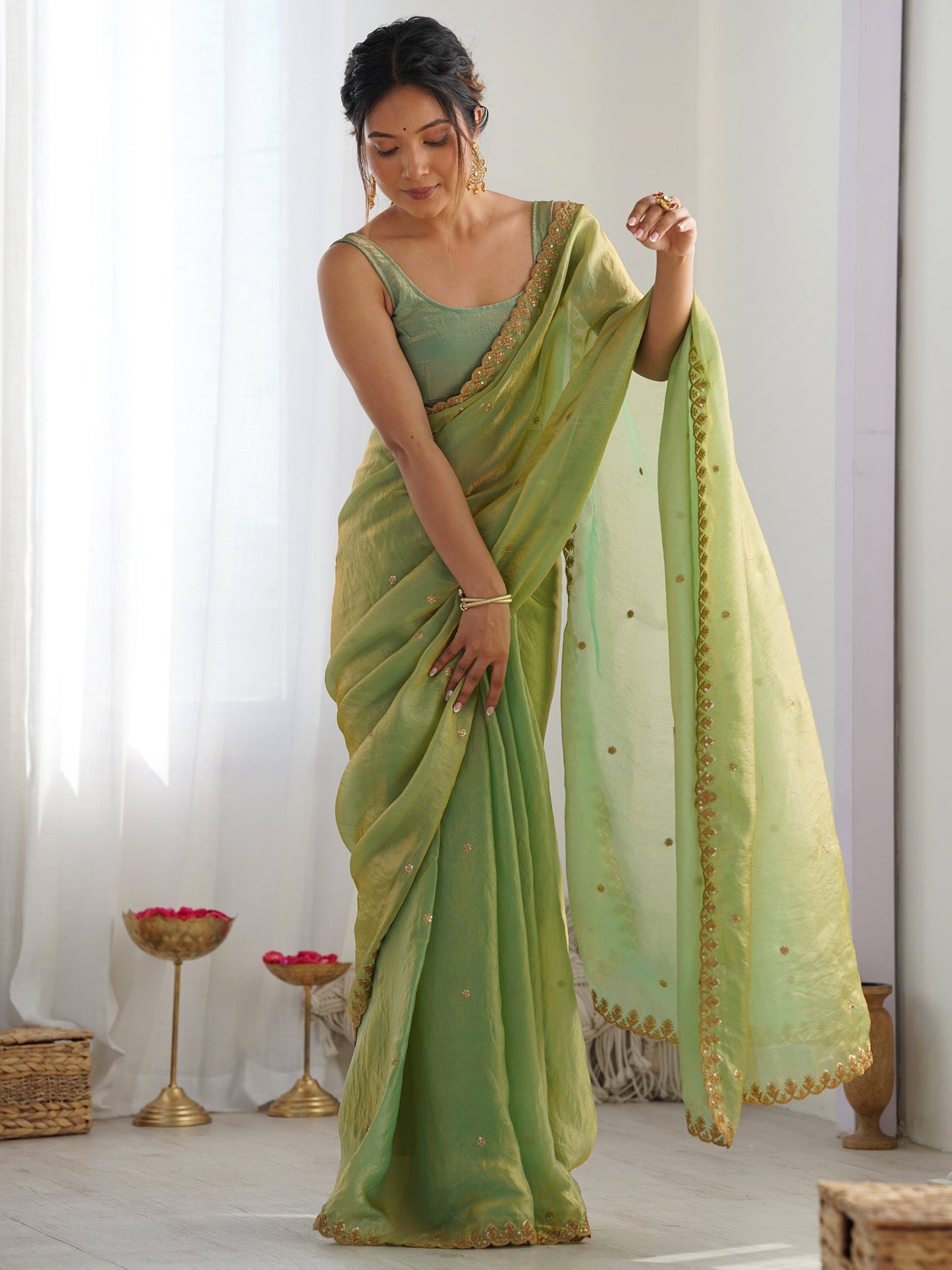 Women's Paper Silk Light Blue Embellished Designer Saree With Blouse Piece