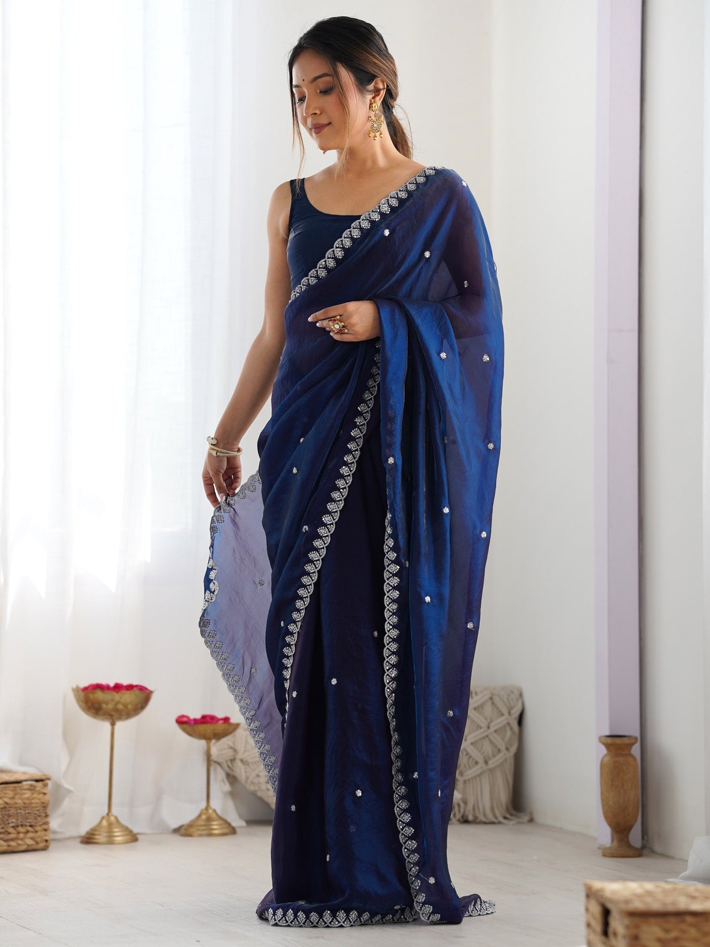 Women's Paper Silk Light Blue Embellished Designer Saree With Blouse Piece
