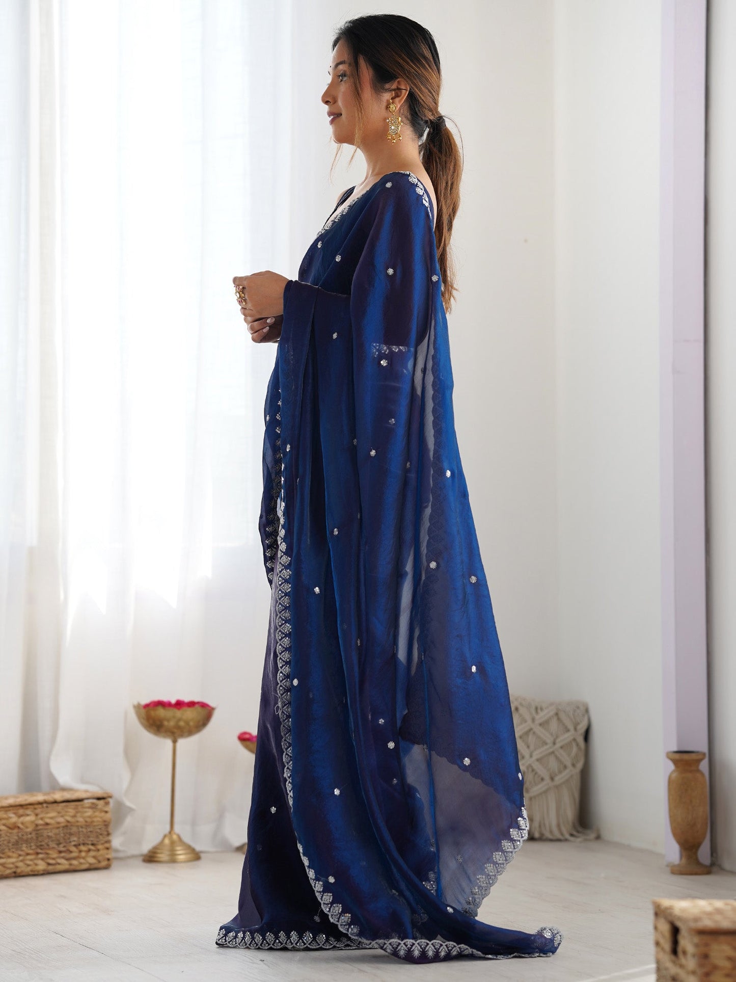 Women's Paper Silk Light Blue Embellished Designer Saree With Blouse Piece
