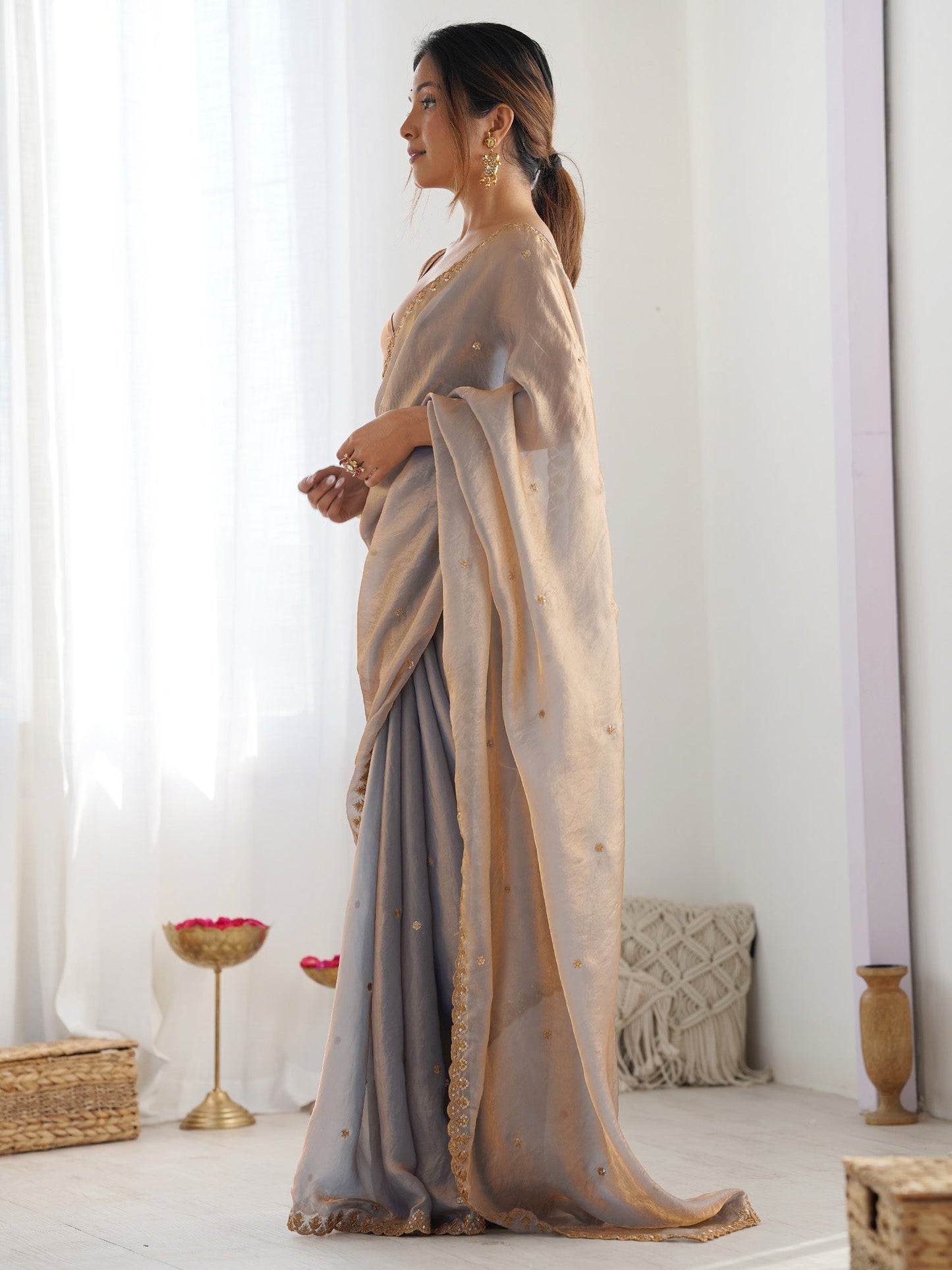 Women's Paper Silk Light Blue Embellished Designer Saree With Blouse Piece