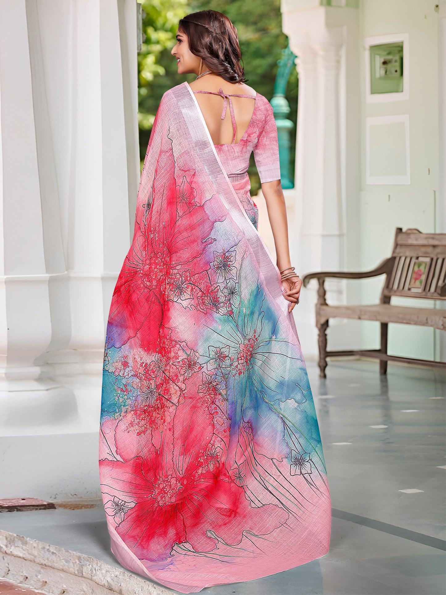 Women's Cotton Linen Pink Digital Print Designer Saree With Blouse Piece