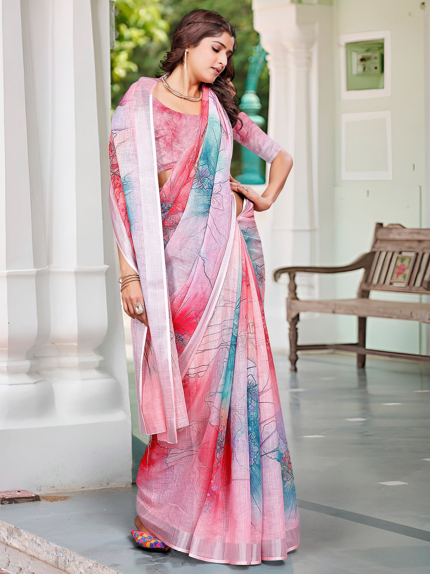 Women's Cotton Linen Pink Digital Print Designer Saree With Blouse Piece