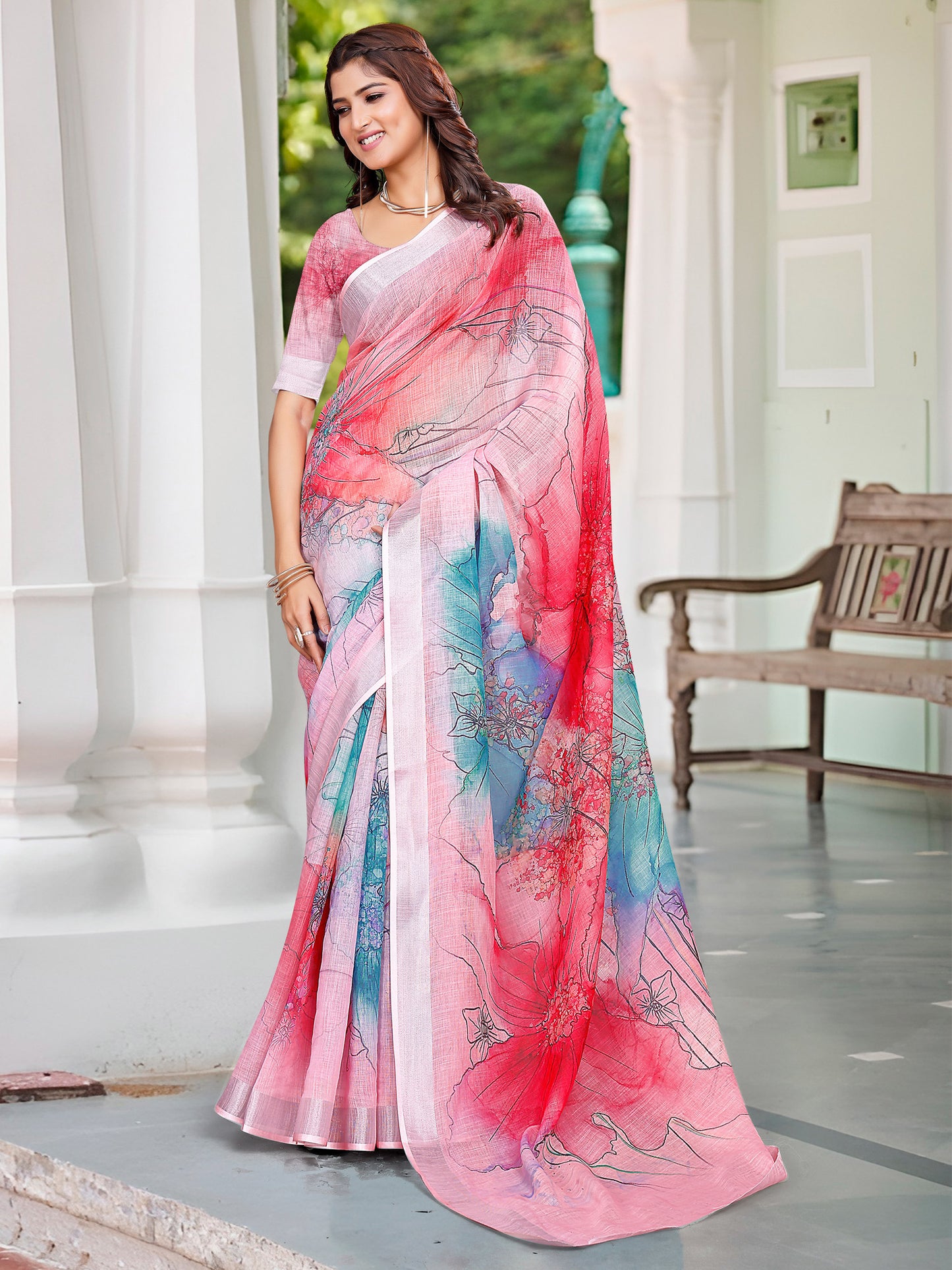 Women's Cotton Linen Pink Digital Print Designer Saree With Blouse Piece