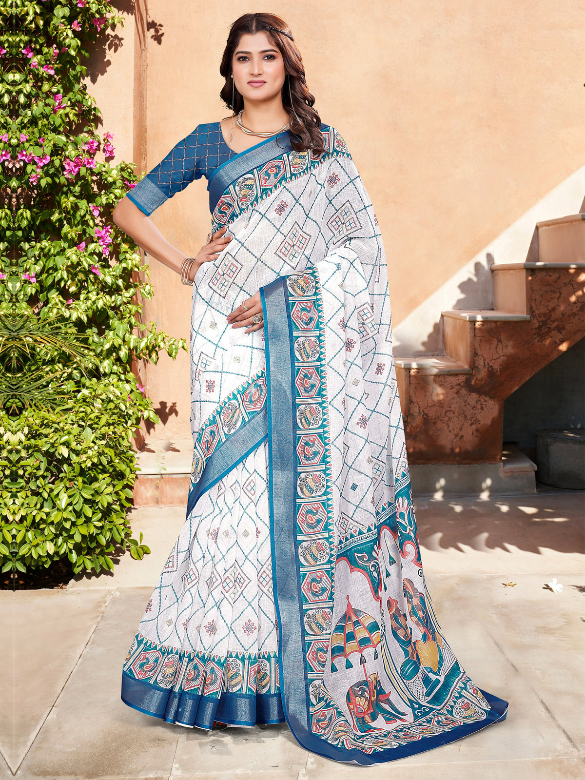 Women's Cotton Linen White Digital Print Designer Saree With Blouse Piece