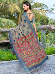 Women's Cotton Linen Sea Green Digital Print Designer Saree With Blouse Piece