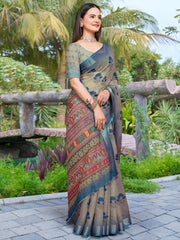 Women's Cotton Linen Sea Green Digital Print Designer Saree With Blouse Piece