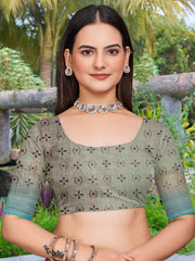 Women's Cotton Linen Sea Green Digital Print Designer Saree With Blouse Piece