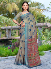 Women's Cotton Linen Sea Green Digital Print Designer Saree With Blouse Piece