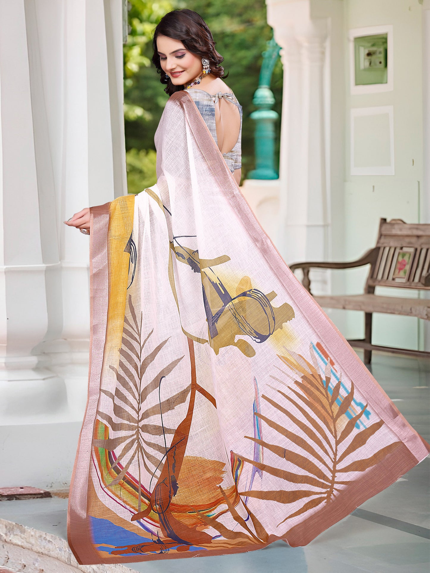 Women's Cotton Linen White Digital Print Designer Saree With Blouse Piece