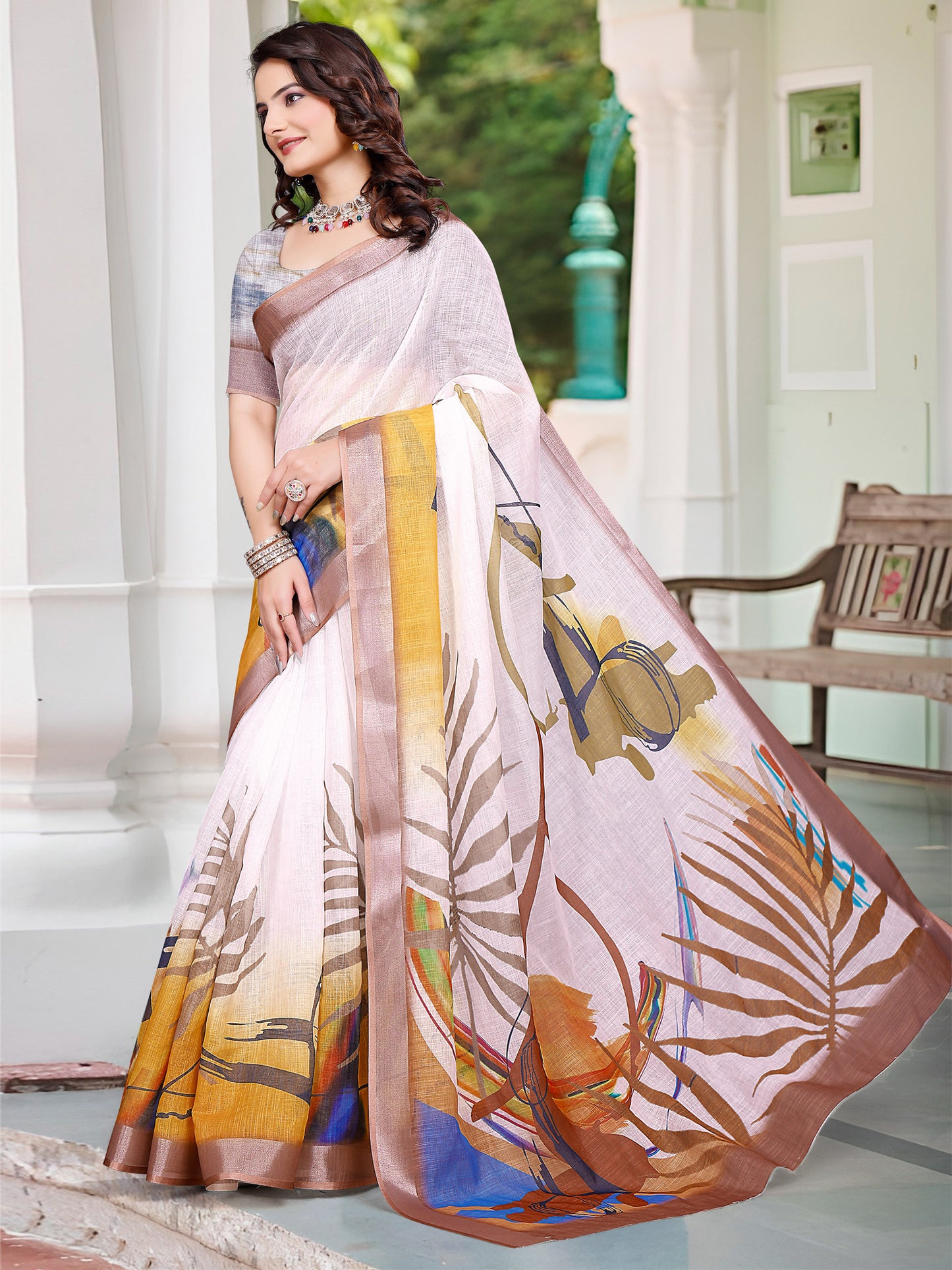 Women's Cotton Linen White Digital Print Designer Saree With Blouse Piece