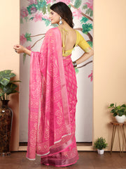 ساري نسائي وردي مطبوع من القطن والكتان بتصميم أنيق مع قطعة بلوزة