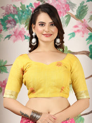 ساري نسائي وردي مطبوع من القطن والكتان بتصميم أنيق مع قطعة بلوزة