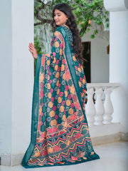 Women's Cotton Linen Teal blue Digital Print Designer Saree With Blouse Piece