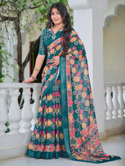 Women's Cotton Linen Teal blue Digital Print Designer Saree With Blouse Piece