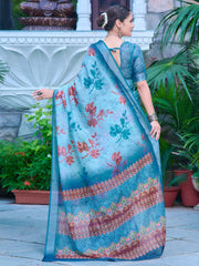 Women's Cotton Linen Light Blue Digital Print Designer Saree With Blouse Piece