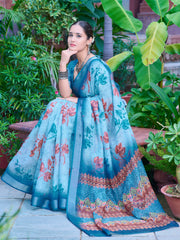 Women's Cotton Linen Light Blue Digital Print Designer Saree With Blouse Piece