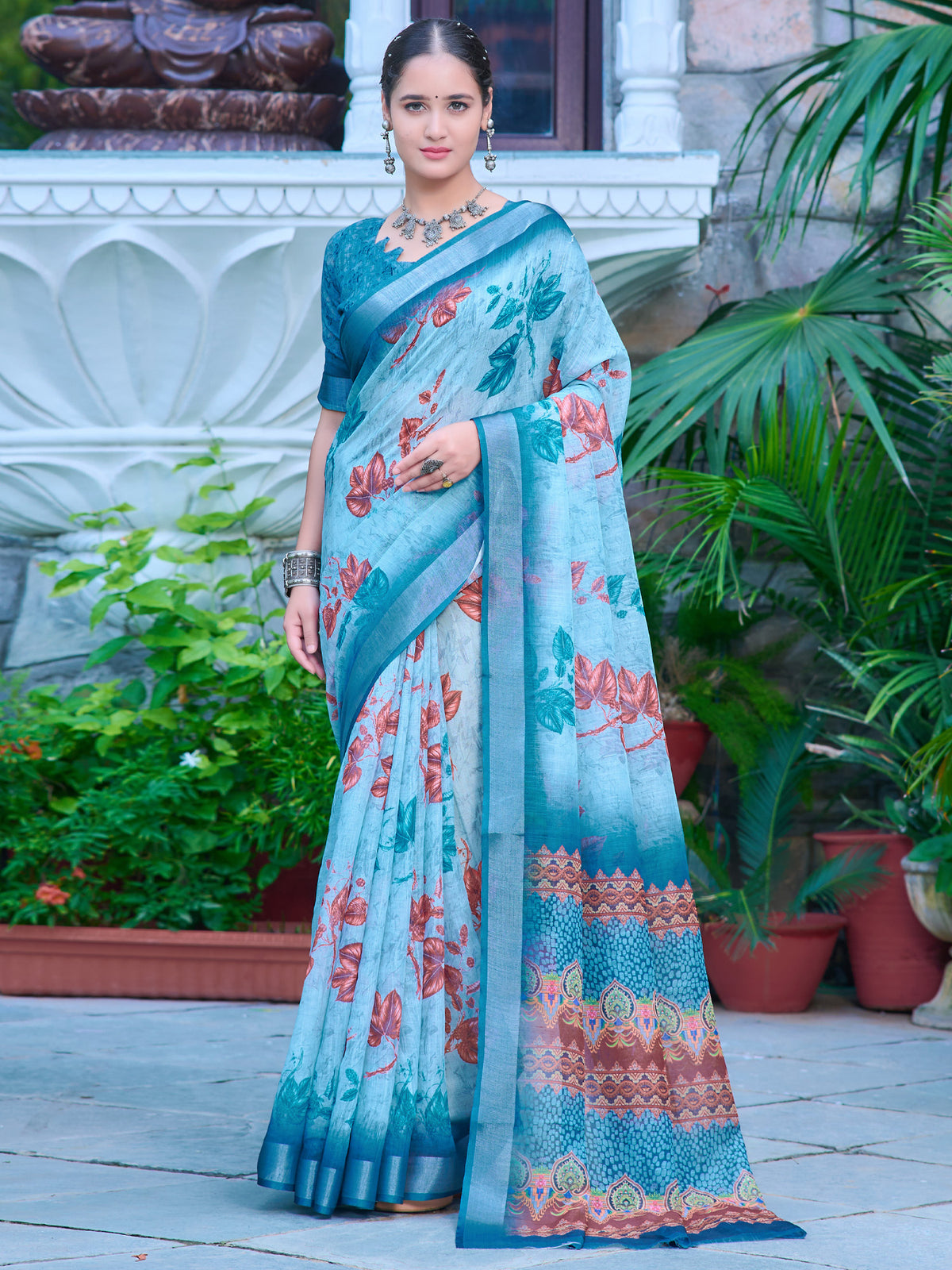 Women's Cotton Linen Light Blue Digital Print Designer Saree With Blouse Piece