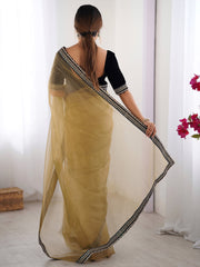 ساري نسائي من قماش التول بلون الجمل البني مزين بتطريزات أنيقة مع قطعة بلوزة