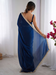 Women's Satin Teal blue Embellished Designer Saree With Blouse Piece