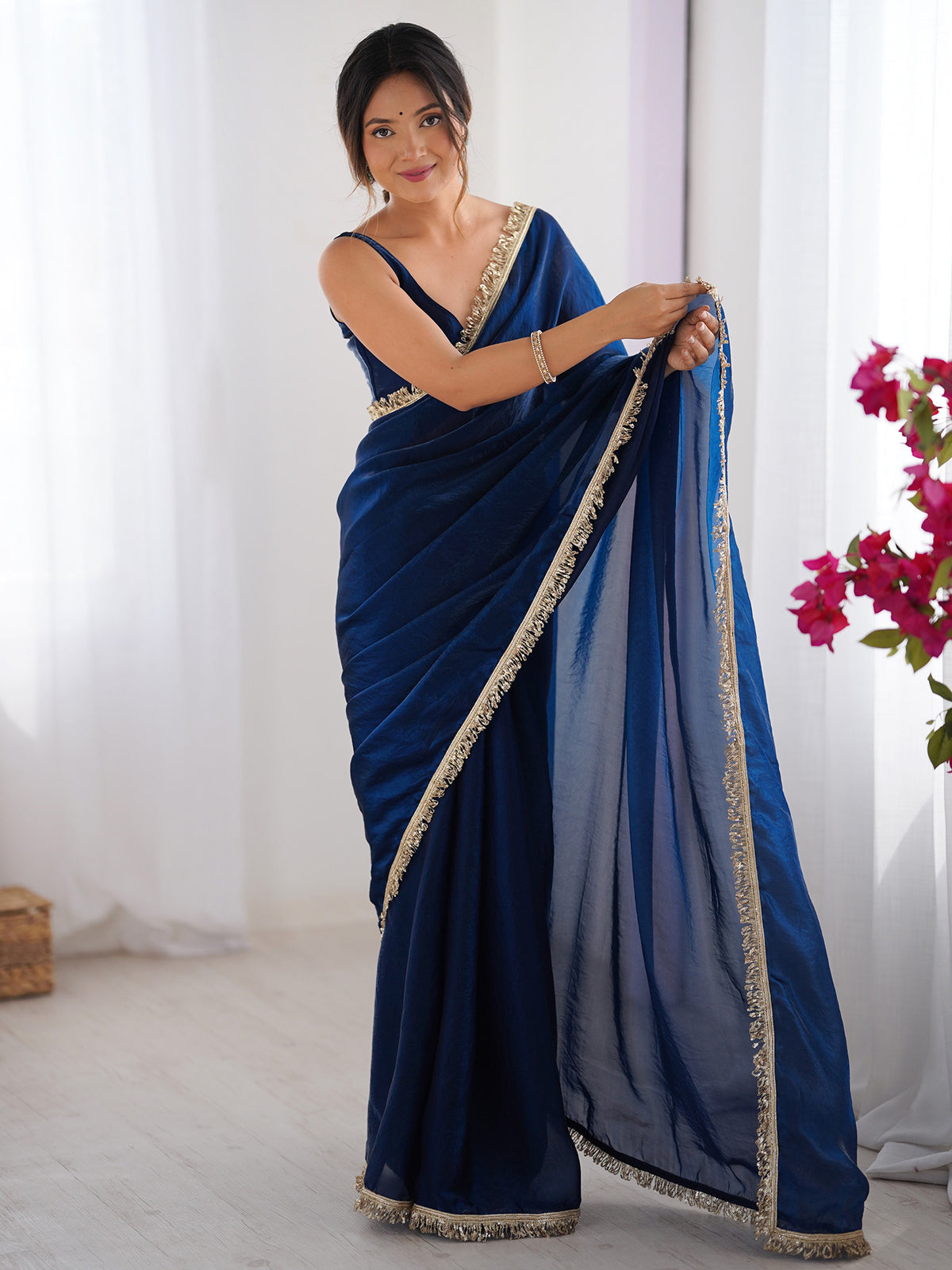 Women's Satin Teal blue Embellished Designer Saree With Blouse Piece