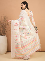 Women's Silk Cotton Off White Printed Designer Saree With Blouse Piece