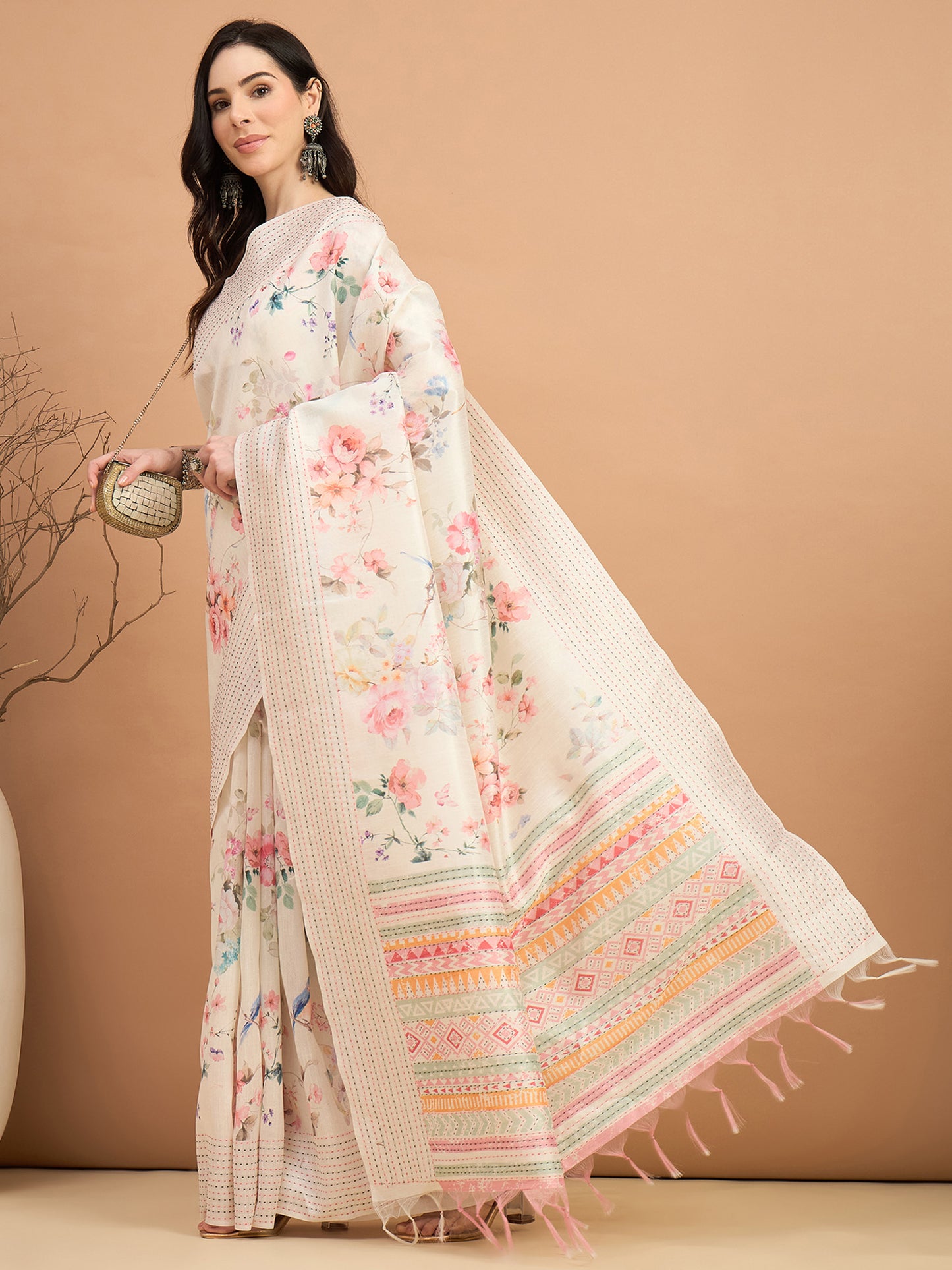 Women's Silk Cotton Off White Printed Designer Saree With Blouse Piece