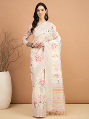 Women's Silk Cotton Off White Printed Designer Saree With Blouse Piece