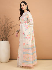 Women's Silk Cotton Off White Printed Designer Saree With Blouse Piece