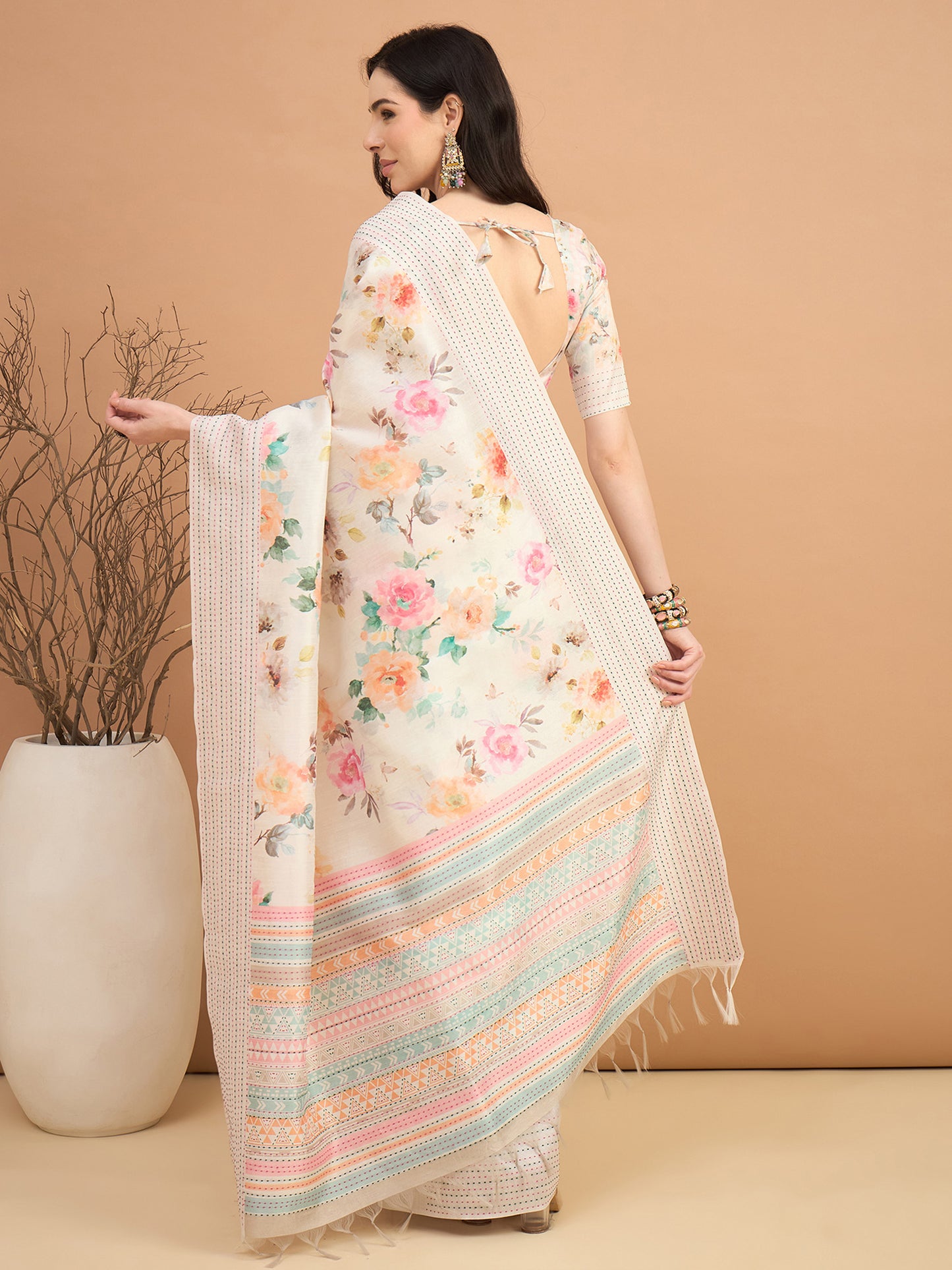 Women's Silk Cotton Off White Printed Designer Saree With Blouse Piece