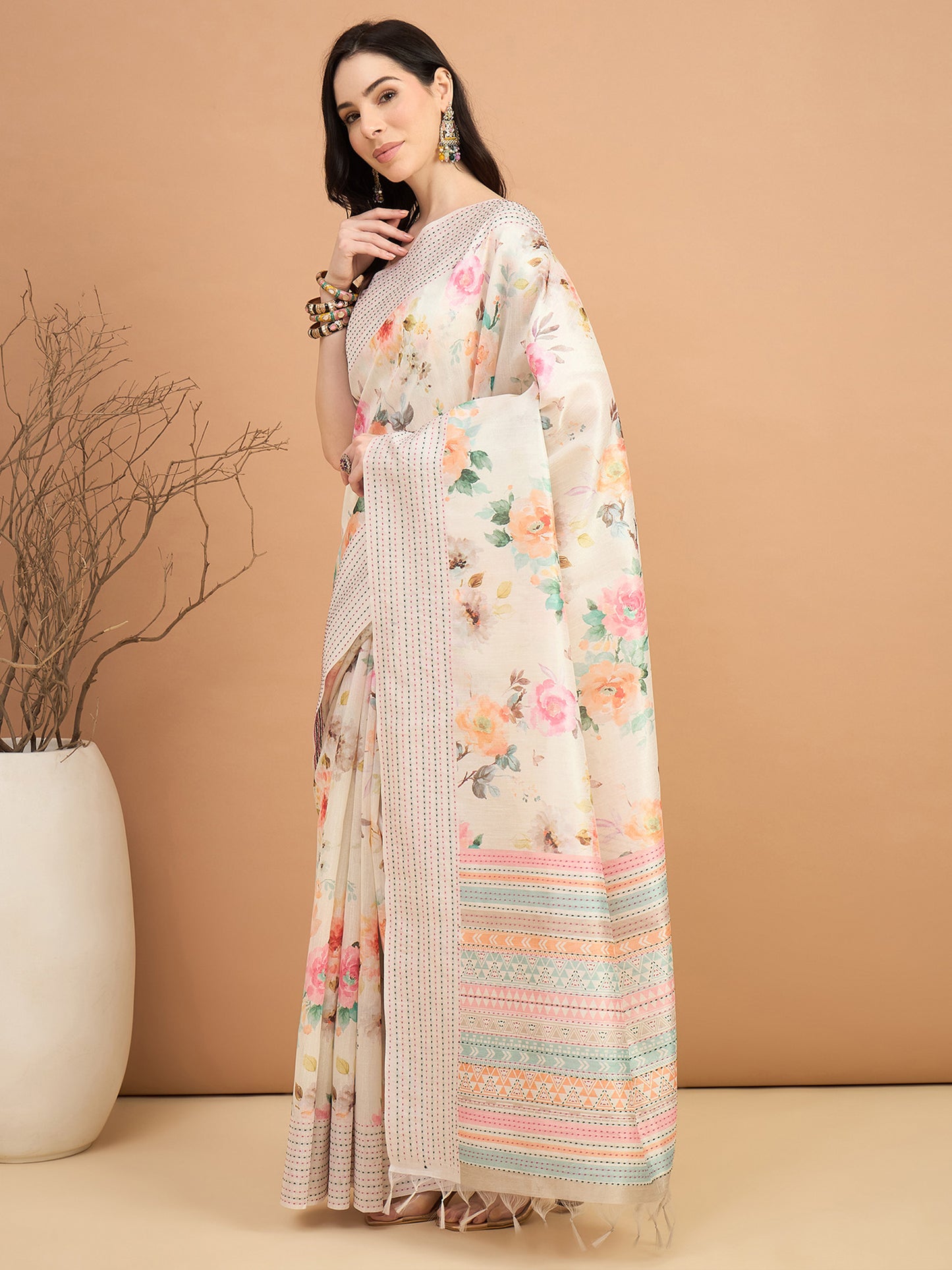 Women's Silk Cotton Off White Printed Designer Saree With Blouse Piece