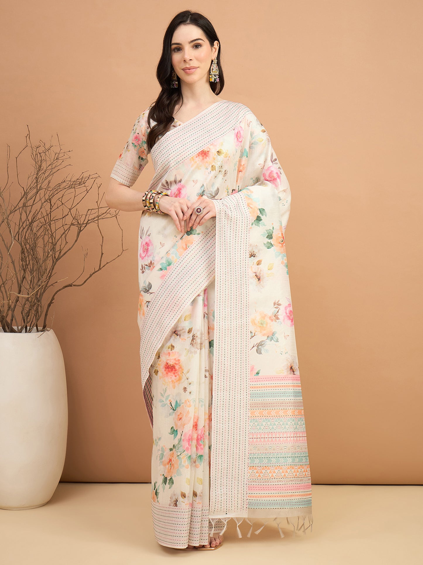 Women's Silk Cotton Off White Printed Designer Saree With Blouse Piece