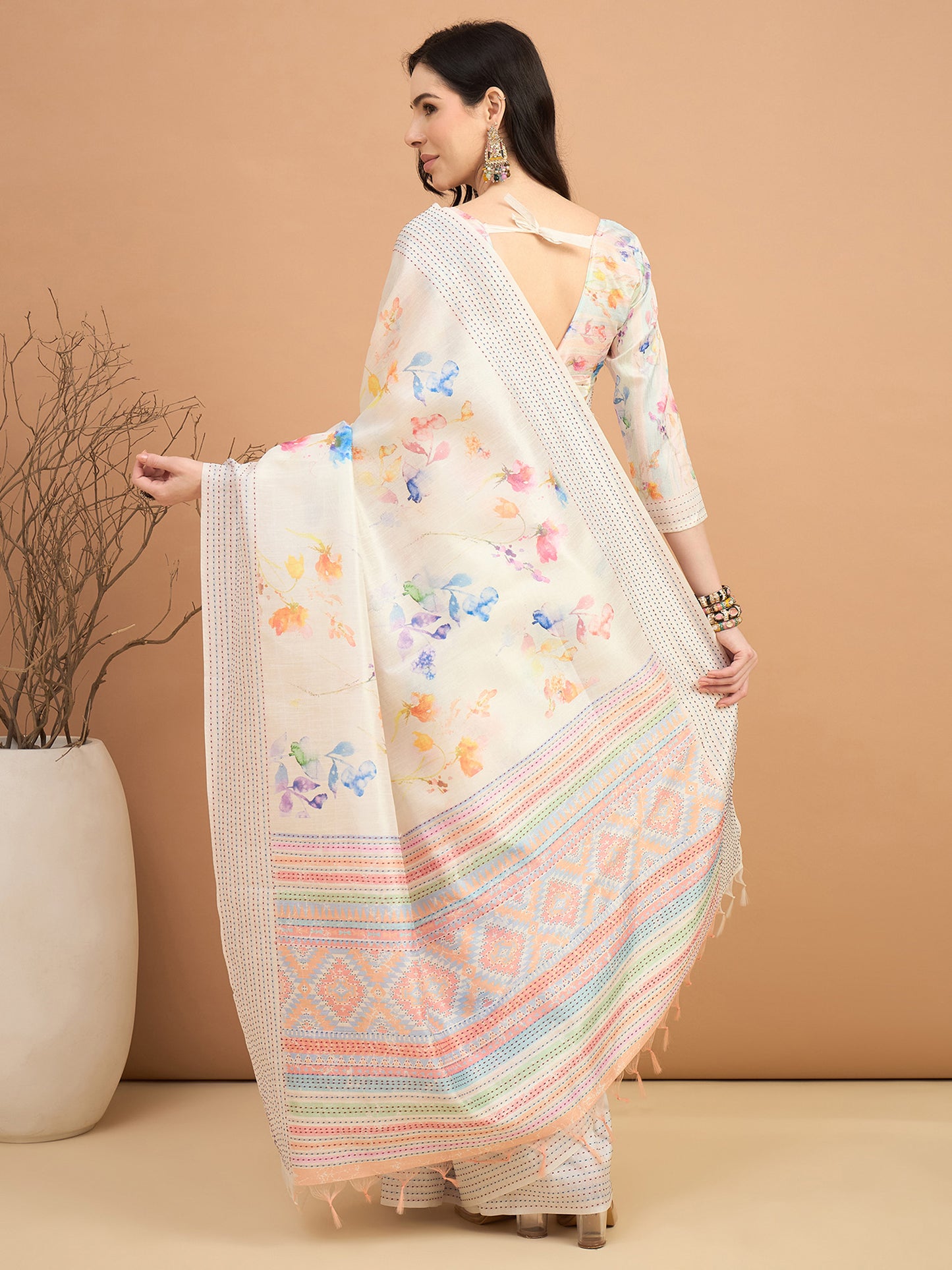 Women's Silk Cotton Off White Printed Designer Saree With Blouse Piece