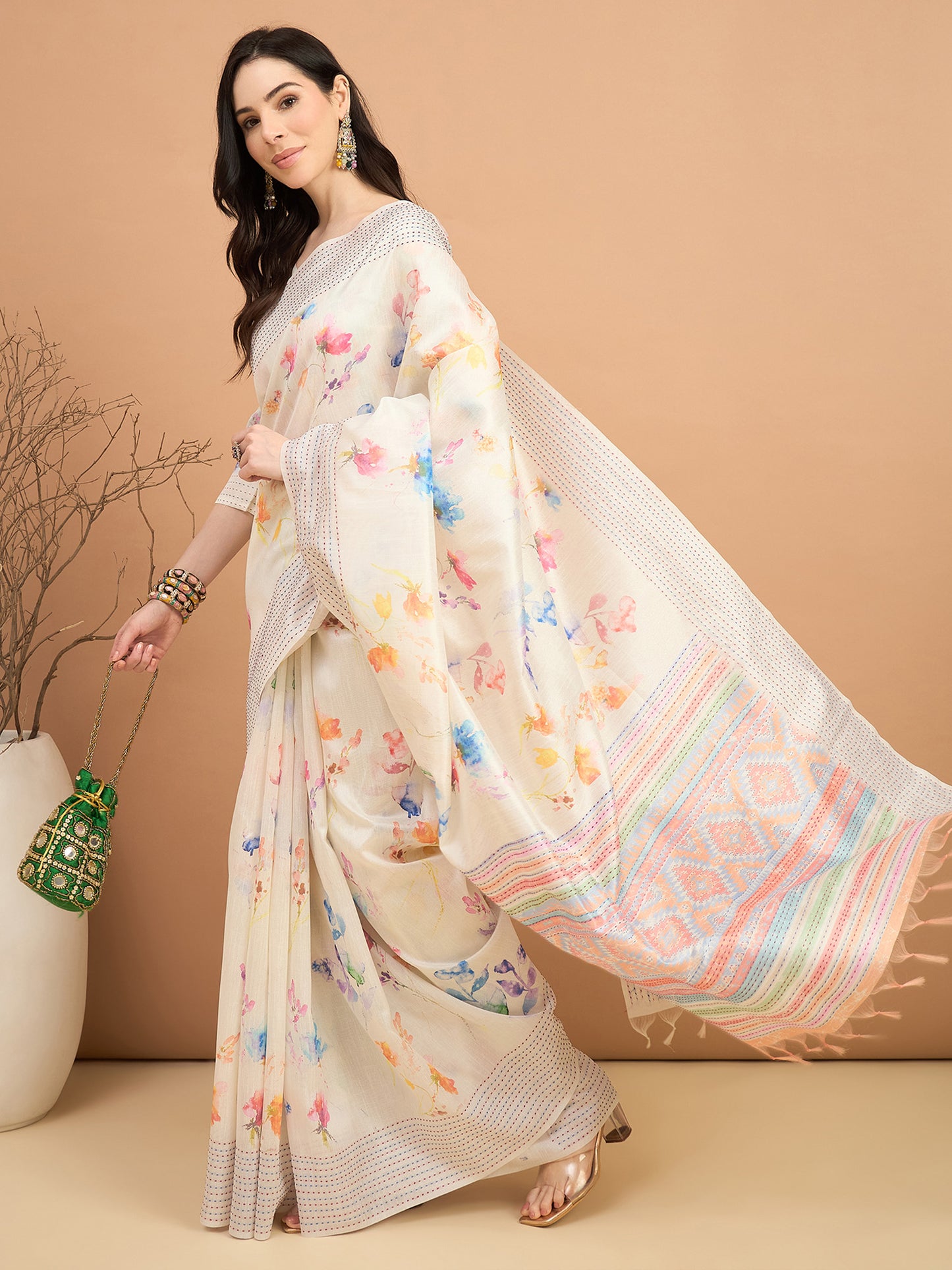 Women's Silk Cotton Off White Printed Designer Saree With Blouse Piece