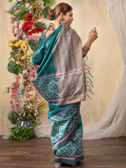 Women's Silk Cotton Teal blue Printed Designer Saree With Blouse Piece