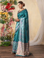 Women's Silk Cotton Teal blue Printed Designer Saree With Blouse Piece