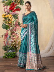 Women's Silk Cotton Teal blue Printed Designer Saree With Blouse Piece
